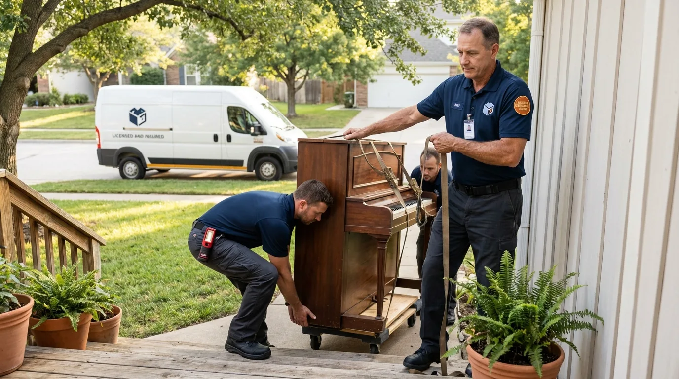 Licensed piano movers securing grand piano in Clayton, OH