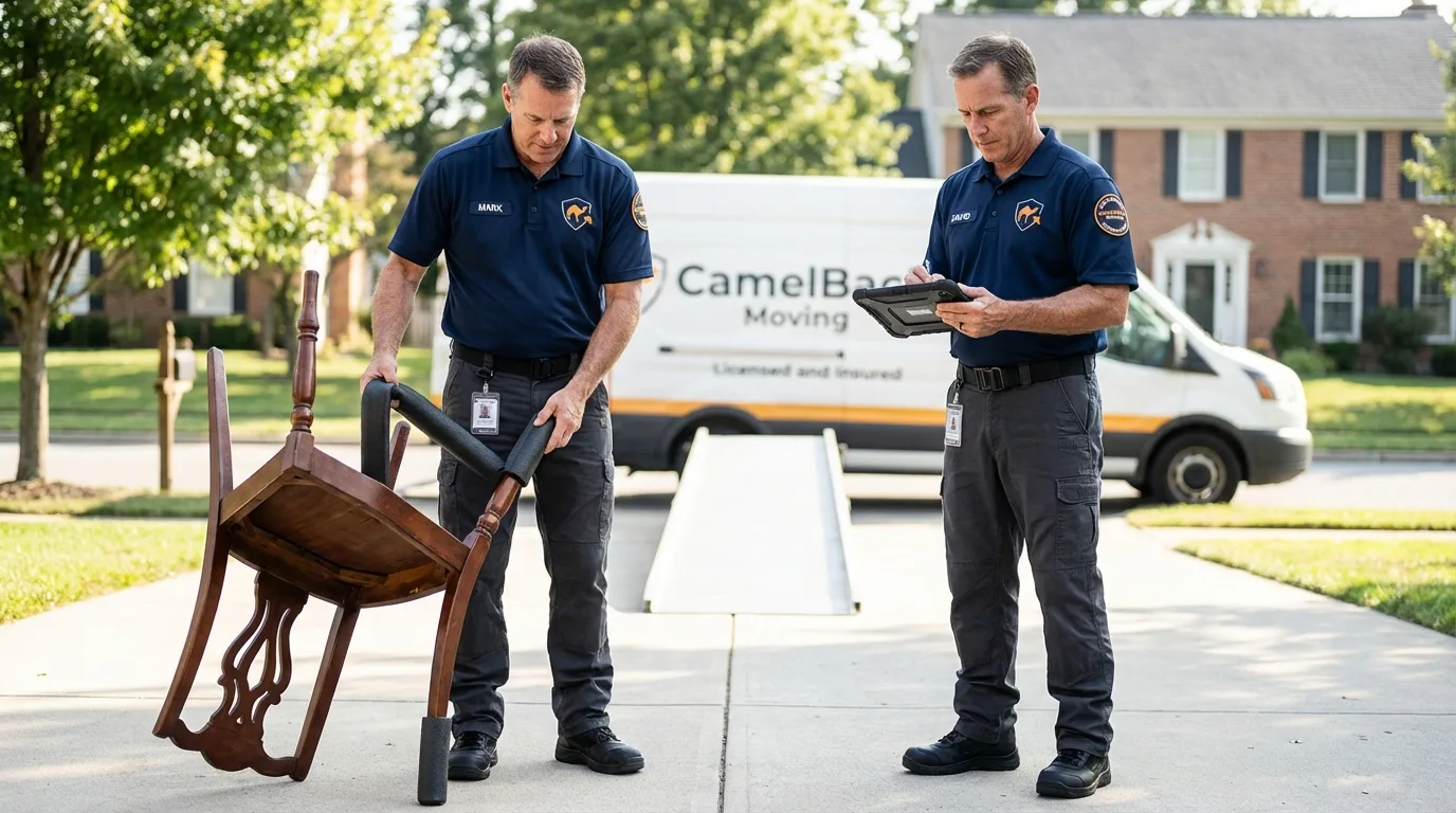 Movers inspecting furniture for damage prevention before loading in Clayton, OH