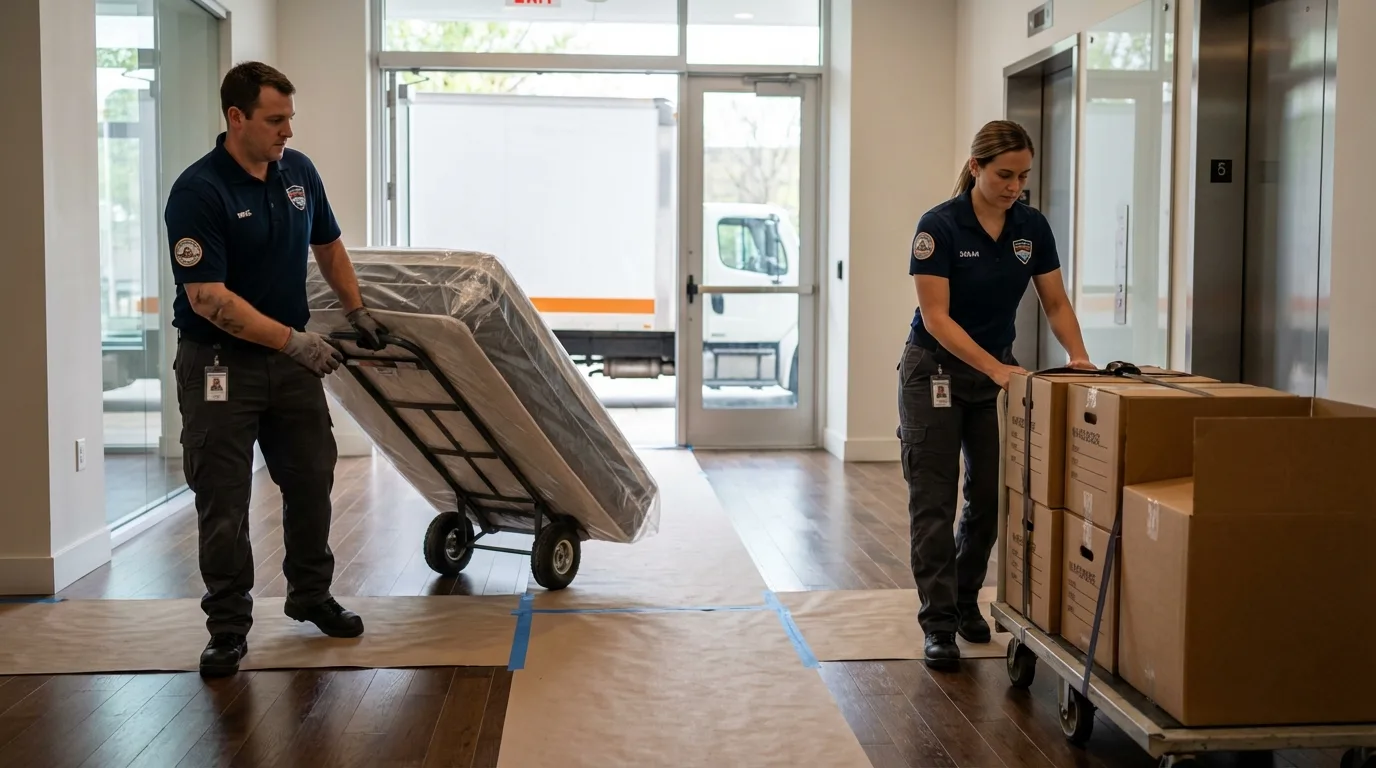 Professional apartment movers loading elevator in Clayton, OH