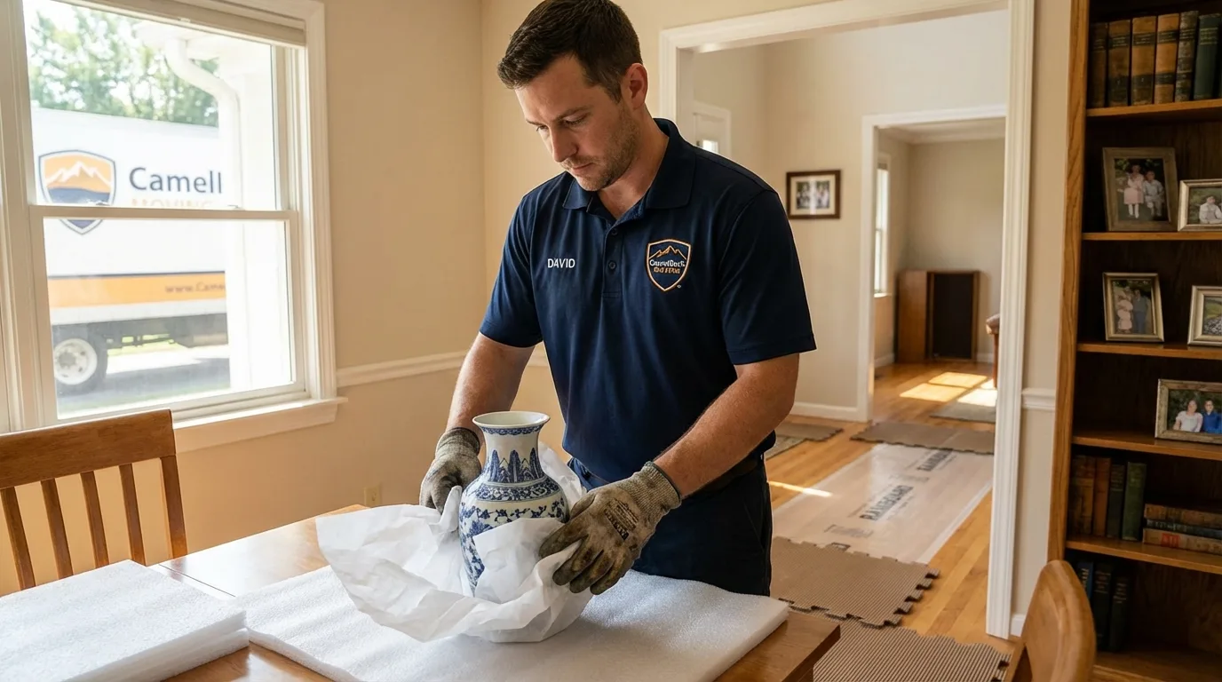 Professional crew carefully wrapping antique vase for senior downsizing move in Clayton, OH
